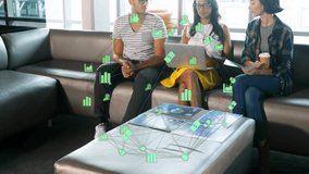 Presenter placing laptop speaking activating green data icons around team for business meeting. Collaboration, innovation, teamwork, data visualization, digital technology, modern workspace, - Powered by Shutterstock - Get 15% off with code: PIKWIZARD15