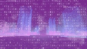 On fading into view, neon city skyline pulses with drifting binary digits to show data growth. Futuristic, digital, cyber, technology, neon, abstract, virtual - Powered by Shutterstock - Get 15% off with code: PIKWIZARD15