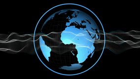 On scene start globe rotating eastward with waveform ribbons appearing and undulating showing data. Technology, data visualization, digital art, motion graphics, futuristic, global connectivity, - Powered by Shutterstock - Get 15% off with code: PIKWIZARD15