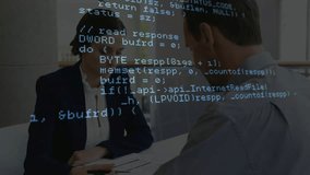 Technology team watching code overlay showing API requests, man explaining, woman writing notes. Collaboration, professionalism, digital, innovation, analysis, focus, brainstorming - Powered by Shutterstock - Get 15% off with code: PIKWIZARD15