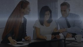 Coworkers swiping tablet and showing 3D bar chart, globe icon and line graph for business insight. Corporate, teamwork, data visualization, futuristic, technology, collaboration, analytics - Powered by Shutterstock - Get 15% off with code: PIKWIZARD15