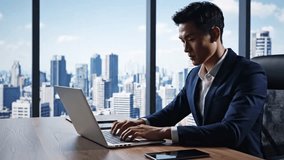 A focused Asian businessman in a suit sits at a desk with a laptop and tablet. He is interacting with a glowing green holographic display showing economic data, bar graphs,  - Powered by Shutterstock - Get 15% off with code: PIKWIZARD15