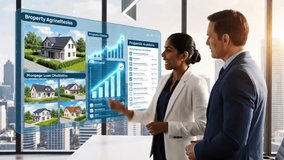 Two real estate professionals, a man and a woman, stand in an office and interact with a large, transparent screen displaying property listings,  - Powered by Shutterstock - Get 15% off with code: PIKWIZARD15