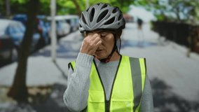 Senior woman wearing helmet and safety vest looking stressed on city street with blurred cars and trees in background, highlighting urban cycling safety and emotion. - Powered by Shutterstock - Get 15% off with code: PIKWIZARD15