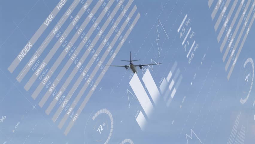Flying over global data charts and pie graphs, airplane in blue sky animation. Aviation, statistics, analytics, data visualization, technology, business - Powered by Shutterstock - Get 15% off with code: PIKWIZARD15