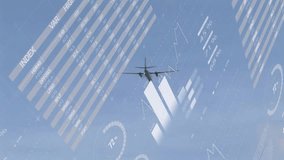 Flying over global data charts and pie graphs, airplane in blue sky animation. Aviation, statistics, analytics, data visualization, technology, business - Powered by Shutterstock - Get 15% off with code: PIKWIZARD15