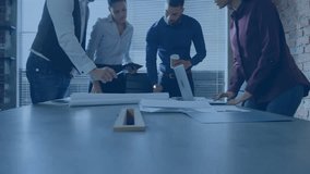 Business professionals collaborating around table reviewing docs with laptop network icons floating. Teamwork, innovation, digital connectivity, brainstorming, modern workspace, corporate strategy, - Powered by Shutterstock - Get 15% off with code: PIKWIZARD15