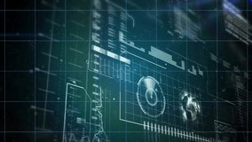 Dark grid showing rings rotating with scanning beam sweeping causing code panels displaying data. Futuristic, interface, technology, data visualization, digital, schematic, high-tech - Powered by Shutterstock - Get 15% off with code: PIKWIZARD15