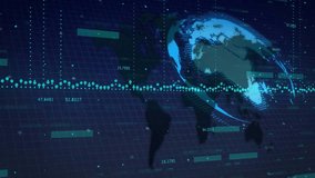 Dark grid opening globe rotating band sweeping bars rising markers flickering for finance dashboard. Technology, data visualization, finance, analytics, digital, innovation, infographics - Powered by Shutterstock - Get 15% off with code: PIKWIZARD15