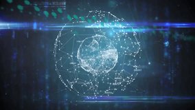 Nodes forming rotating wireframe sphere, code scrolling, waveform scanning showing live data. Technology, data, cybersecurity, visualization, digital, network, futuristic - Powered by Shutterstock - Get 15% off with code: PIKWIZARD15