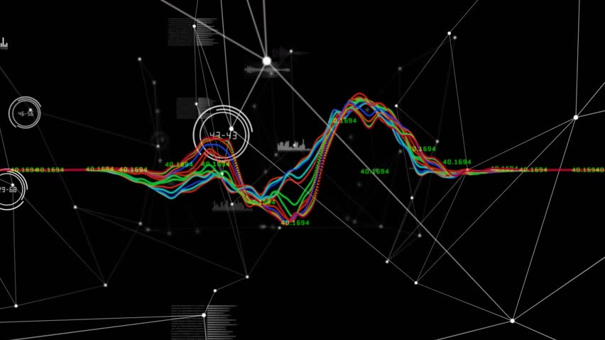 Playback starting making waveform strands emerge, rise and collapse, illustrating data fluctuations. Quantum, analytics, digital, technology, futurism, network, visualization