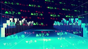 Opening cyan grid corridor bar charts fluctuating, line graph oscillating, forming advancing tunnel. Futuristic, analytics, digital, technology, finance, data, visualization - Powered by Shutterstock - Get 15% off with code: PIKWIZARD15