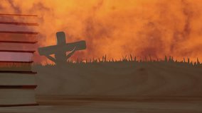 Camera starting rotation around crucifix leaning on book stack, showing taller stack by glowing sky. Spirituality, reverence, contemplation, sacred, tranquility, sunset, silhouetted - Powered by Shutterstock - Get 15% off with code: PIKWIZARD15