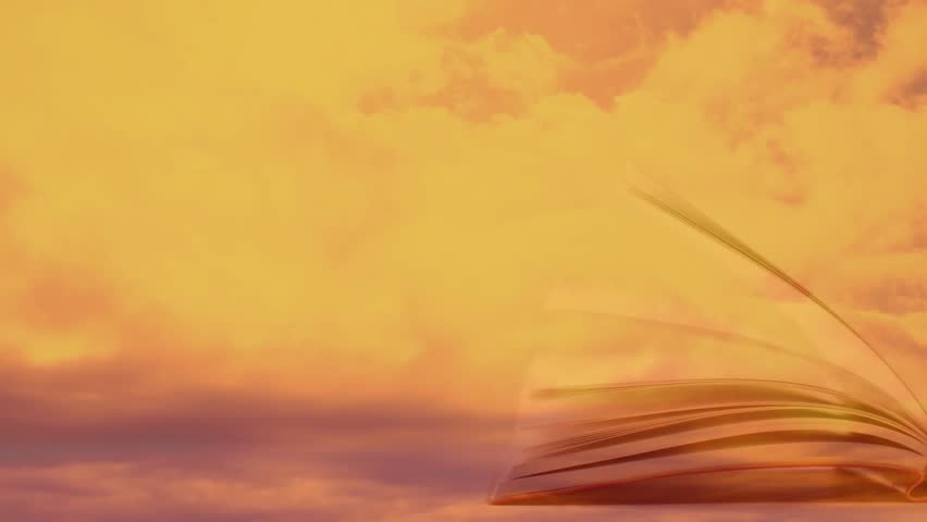 Breeze catching hardcover book pages flipping across glowing orange clouds for calm effect. Sky, sunset, surrealism, tranquility, imagination, fantasy, motion