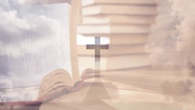 Light breeze stirring pages while cross silhouette emerging and clouds drifting evoking calm tone. Spirituality, contemplation, reverence, serenity, symbolism, enlightenment, humility - Powered by Shutterstock - Get 15% off with code: PIKWIZARD15