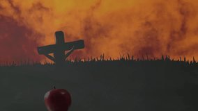 Red apple shifting rightward after pause, growing book stack raising apple toward crucifix center. Symbolism, faith, spirituality, growth, enlightenment, serenity, minimalist - Powered by Shutterstock - Get 15% off with code: PIKWIZARD15