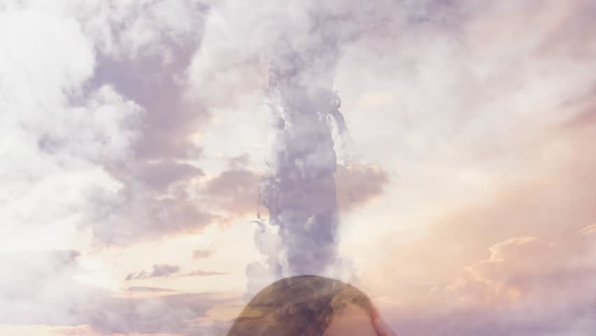 Marketing ad opening with sky merging water plume, revealing woman brushing hair and rubbing temple. Dreamy, contemplative, ethereal, artistic, serene, introspective, abstract