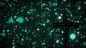 Rising green-white orbs drifting pulsing fading around black-outlined cross creating calm backdrop. Celestial, abstract, spiritual, luminous, meditative, digital art, tranquil - Powered by Shutterstock - Get 15% off with code: PIKWIZARD15
