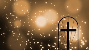 At scene opening cross silhouette in arched frame with particles drifting and orbs pulsing for calm. Spiritual, serenity, abstract, contemplative, meditative, peaceful, luminous - Powered by Shutterstock - Get 15% off with code: PIKWIZARD15