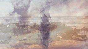 Smoke overlay shifting revealing couple hugging and walking along rocky shore travel marketing. Seascape, romance, adventure, tranquility, minimalist, nature, connection - Powered by Shutterstock - Get 15% off with code: PIKWIZARD15