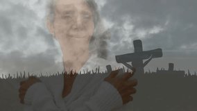Woman fading in over crosses under clouds shifting smile and touching heart to convey faith. Silhouette, spiritual, contemplative, introspective, ethereal, serenity, reverence - Powered by Shutterstock - Get 15% off with code: PIKWIZARD15