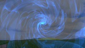 Grassy field showing swirl vortex forming and icons circling pink-green blob promoting HUGE SALE. Abstract, motion, dynamic, futuristic, vibrant, digital, marketing - Powered by Shutterstock - Get 15% off with code: PIKWIZARD15