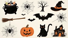 A halloween icon set cauldron candy cobweb spider bat witch hat broom pumpkin black cat haunted house eerie festive spooky playful seasonal illustration for design celebration with spooky tree - Powered by Shutterstock - Get 15% off with code: PIKWIZARD15