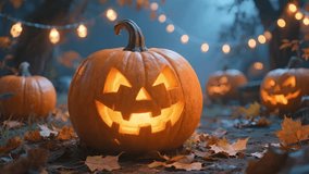 A glowing pumpkin jack o lantern autumn leaf night forest path with string lights and foggy spooky vibes, carved glowing jack o lantern shines autumn night outdoor forest setting with warm light - Powered by Shutterstock - Get 15% off with code: PIKWIZARD15
