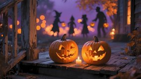 A halloween pumpkin jack o lantern candle wooden porch autumn night, spooky glow and eerie atmosphere with smiling carved pumpkins, trick or treat scene, ghost silhouette, rustic wood festive bokeh - Powered by Shutterstock - Get 15% off with code: PIKWIZARD15