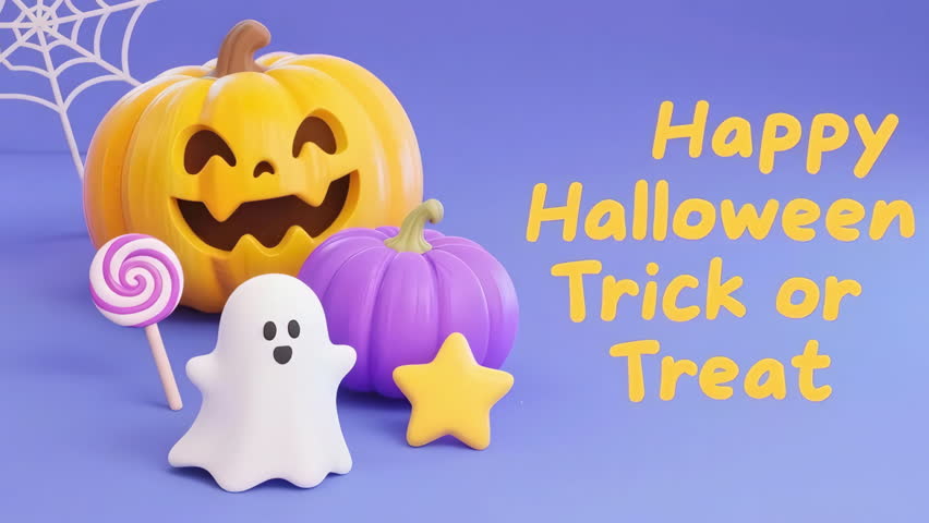 A happy halloween pumpkin jack o lantern ghost candy lollipop spider web purple spooky playful festive scene trick or treat vibe cute pastel background glowing jack o lantern smiling ghost purple