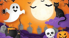 A happy ghost full moon black cat pumpkin skull graveyard flying bat spider cauldron broom, halloween spooky night scene with carved pumpkin, bubbling cauldron, purple cloud layers, broomstick - Powered by Shutterstock - Get 15% off with code: PIKWIZARD15