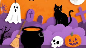 A spooky halloween scene with ghost black cat pumpkin cauldron skull broom bat moon graveyard purple fog playful vibe bubbling cauldron full moon eerie fun graveyard fog night bats and broomsticks - Powered by Shutterstock - Get 15% off with code: PIKWIZARD15