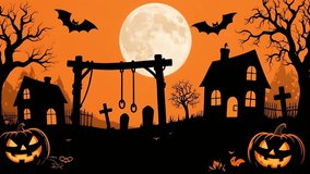 A halloween pumpkin bat moon haunted house graveyard tree silhouette night spooky mood full moon with carved pumpkin glow and flying bat over haunted house and graveyard scene, halloween night spo - Powered by Shutterstock - Get 15% off with code: PIKWIZARD15