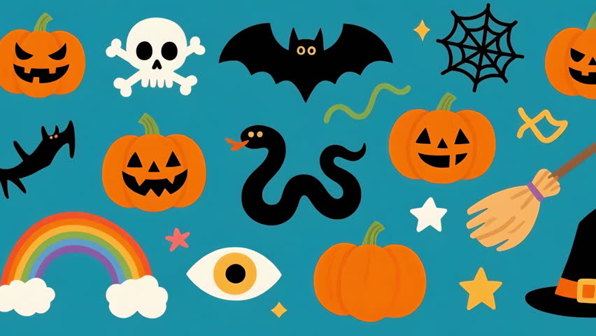 A playful halloween pattern pumpkin bat skull snake spider web black cat broom witch hat candy corn festive clipart teal background with star rainbow eye cloud vector illustration with orange pump
