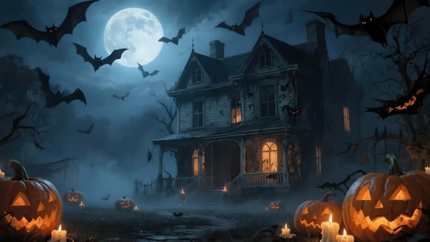 A spooky haunted house under full moon with carved pumpkin, dark night sky, flying bats, eerie fog, gothic mansion and dead trees candle light on porch, autumn rural field, creepy mood horror theme