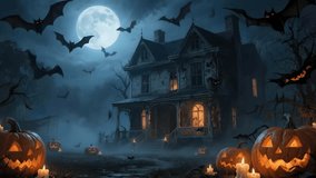A spooky haunted house under full moon with carved pumpkin, dark night sky, flying bats, eerie fog, gothic mansion and dead trees candle light on porch, autumn rural field, creepy mood horror theme - Powered by Shutterstock - Get 15% off with code: PIKWIZARD15