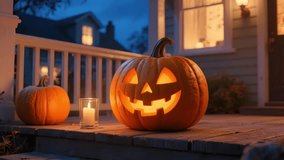 A halloween pumpkin jack o lantern carved glowing candle porch steps dusk, cozy autumn night scene with warm light and spooky mood as cheerful jack o lantern glows wooden steps creating festive - Powered by Shutterstock - Get 15% off with code: PIKWIZARD15