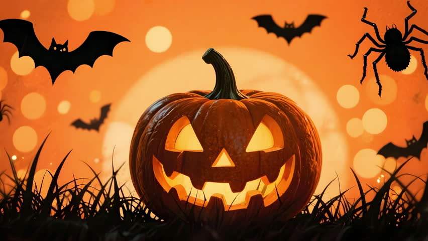 A glowing pumpkin jack o lantern spooky halloween night moon bat spider web grass autumn orange candle carved sinister eerie shadow silhouette festival holiday celebration party decoration harvest
