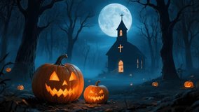 A glowing pumpkin spooky night full moon near haunted church dark forest with misty graveyard carved jack o lantern eerie atmosphere autumn candle light moody halloween scene with glowing faces - Powered by Shutterstock - Get 15% off with code: PIKWIZARD15
