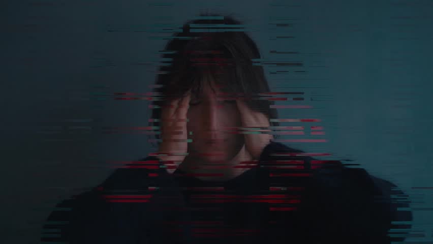 Glitched Portrait of a Tired Woman. Depression, Anxiety, Digital Crisis