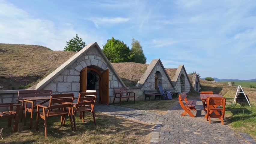 Open winery cellar with outdoor tables and benches waiting for guests at Kőporosi Pincesor, Hercegkút, Hungary.