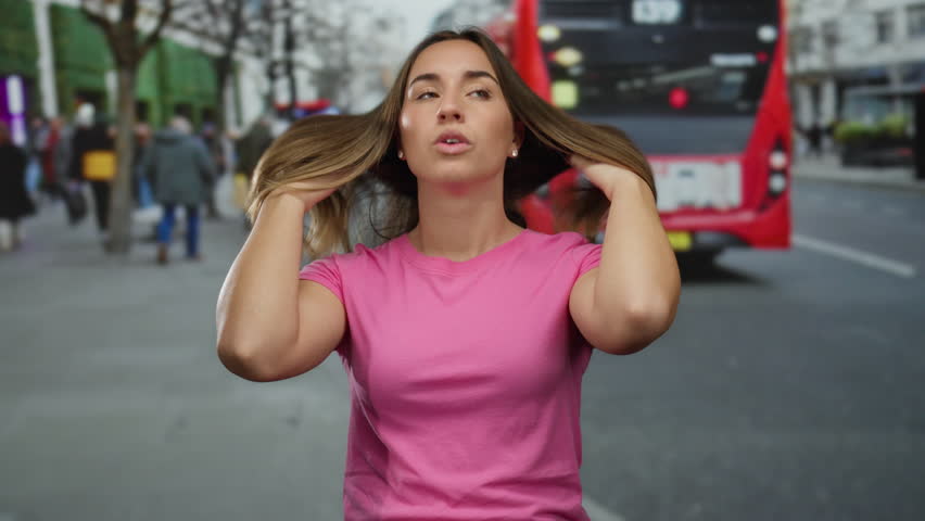 Woman feeling hot on a busy city street with a red double-decker bus in the background, wearing a pink shirt, blonde, outdoor, young, urban setting, daytime.