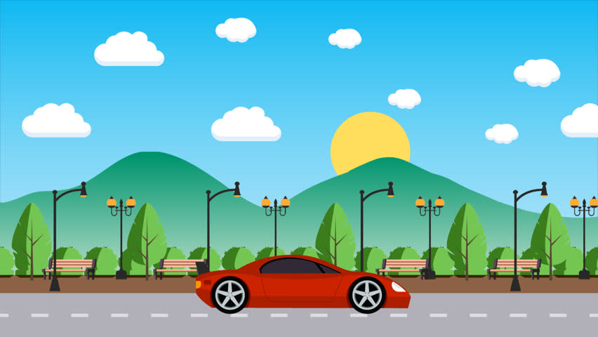 Red sports car drives on a road through a park on a sunny day with blue sky and white clouds. Loopable 2D animation video