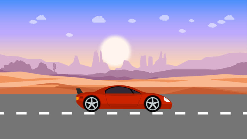 Red sports car drives along a road through a desert landscape at sunset. Loopable 2D animation video
