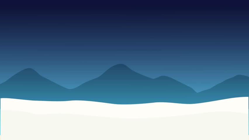 Festive animation featuring Santa Claus in his sleigh flying over a snowy village with Christmas trees, gifts, and falling snowflakes.