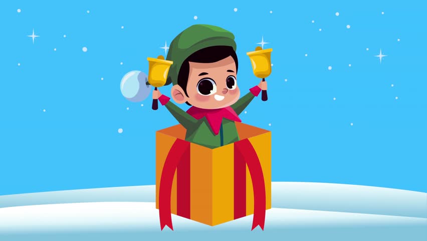 Charming animation of a tiny Christmas elf joyfully playing golden bells, surrounded by holiday magic and festive sparkles.