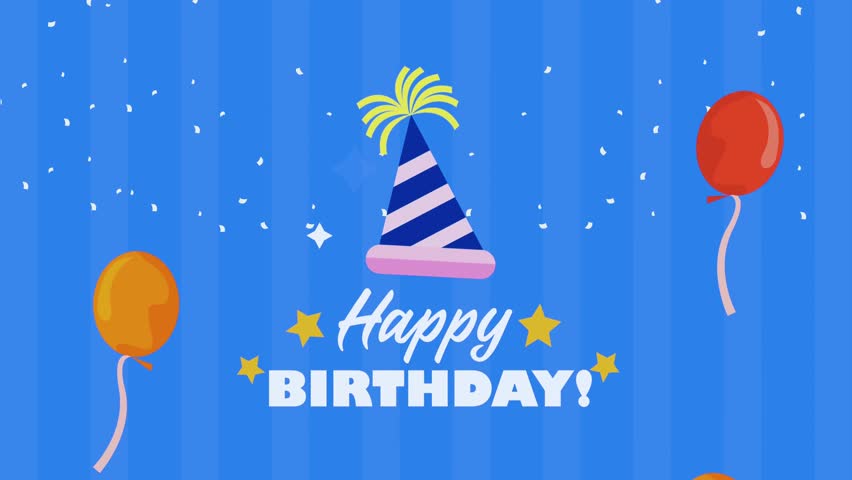  Vibrant birthday animation with flying balloons, sparkling candles, festive decorations, and joyful text for birthday greetings and parties.