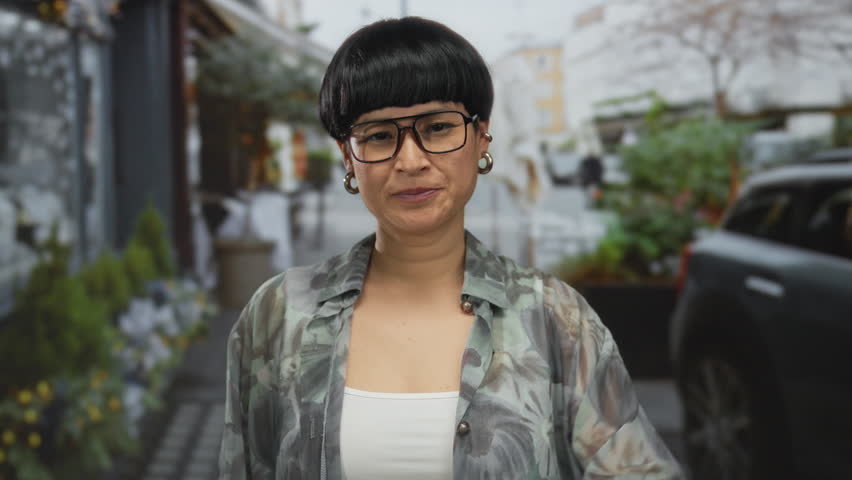Young chinese woman wearing glasses pointing at nose with a smile while standing on a bustling city street outdoors.