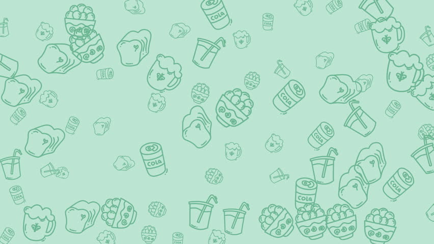  Hand-drawn seamless pattern of various fast food and drink doodles, including burgers, sodas, and tacos, on a soft green background