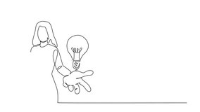 Animation of continuous one line drawing a woman opens her palm and a light bulb floats above her palm. Offering out of the box solutions. National Creativity Day. Full length motion - Powered by Shutterstock - Get 15% off with code: PIKWIZARD15